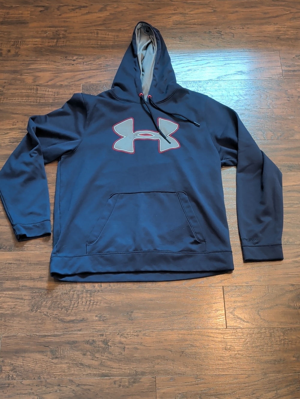 Under Armour Navy Pullover Hoodie with Gray Logo and Red Outline